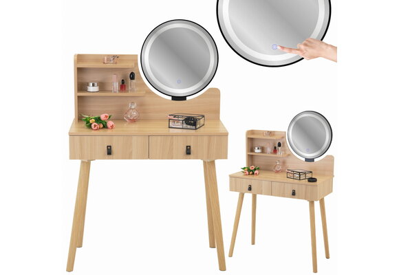 Kaptafel met LED spiegel - make up tafel - 2 lades - hout