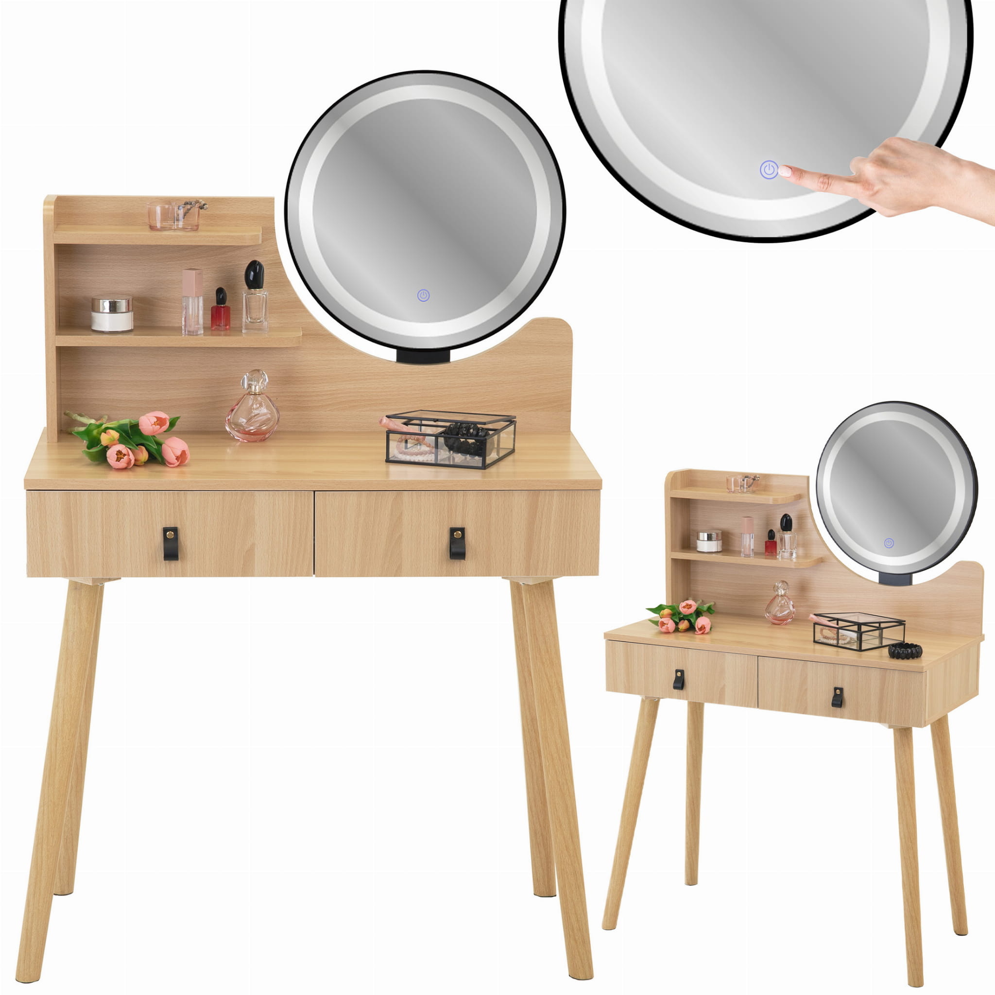 Kaptafel met LED spiegel - make up tafel - 2 lades - hout