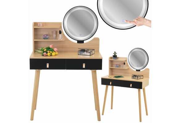 Kaptafel met LED spiegel - make up tafel - 2 lades - hout zwart