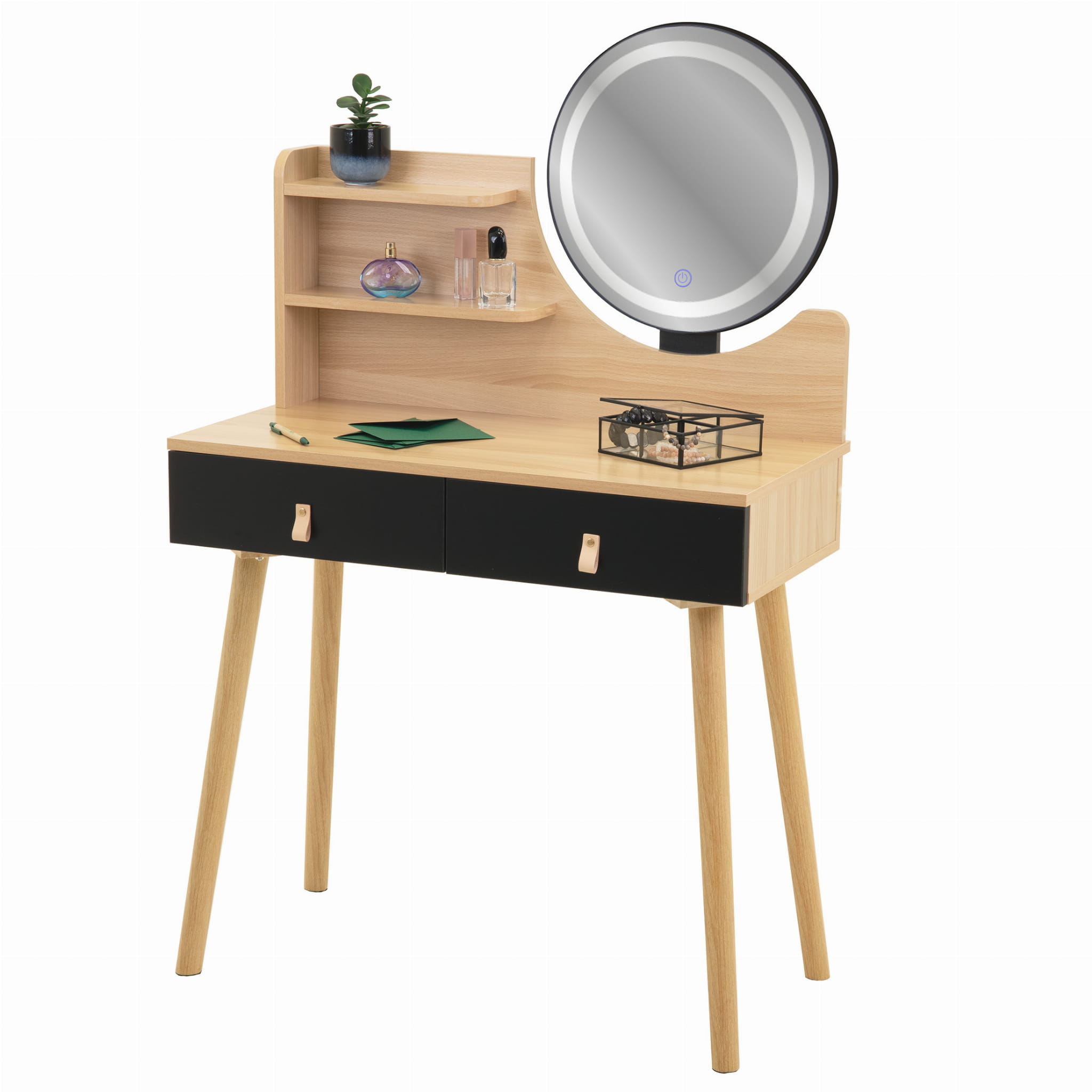 Kaptafel met LED spiegel - make up tafel - 2 lades - hout zwart