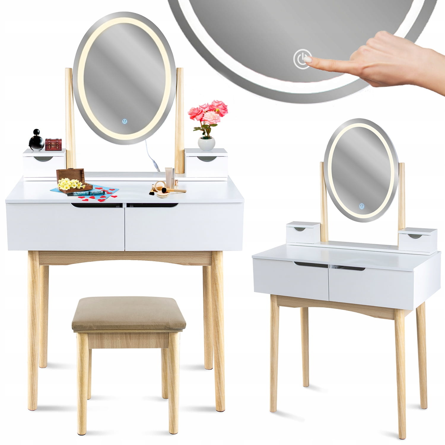 Make up tafel - kaptafel - spiegel met licht en krukje - wit