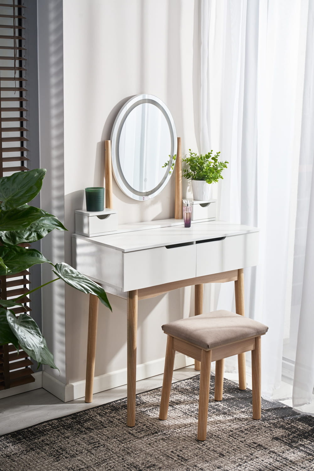 Make up tafel - kaptafel - spiegel met licht en krukje - wit