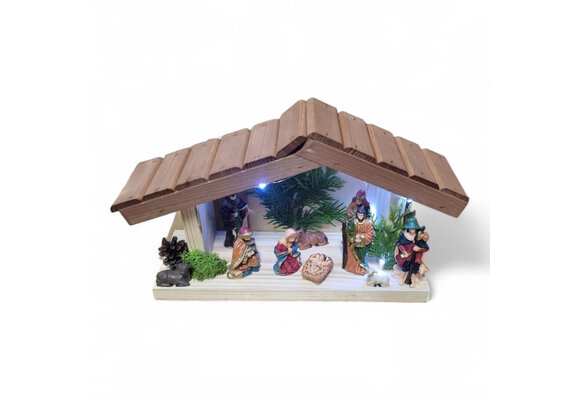 Kerststal hout met kerststal figuren - verlichting - 35x13x22cm