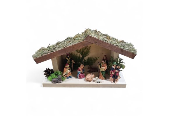 Kerststal hout met kerststal figuren - verlichting - 35x13x22 cm