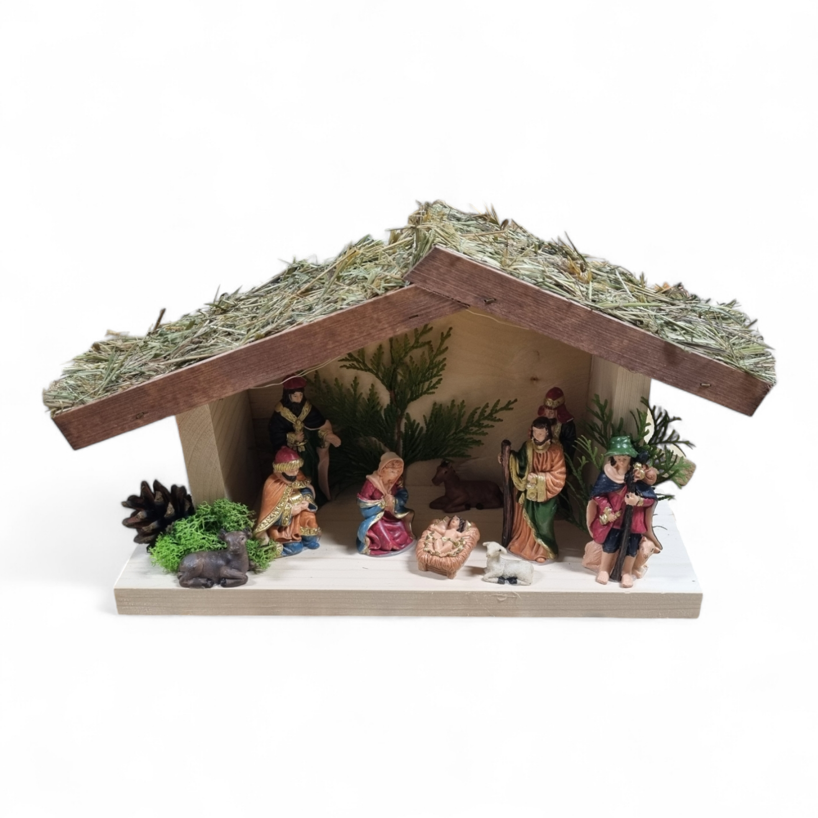 Kerststal hout met kerststal figuren - verlichting - 35x13x22 cm