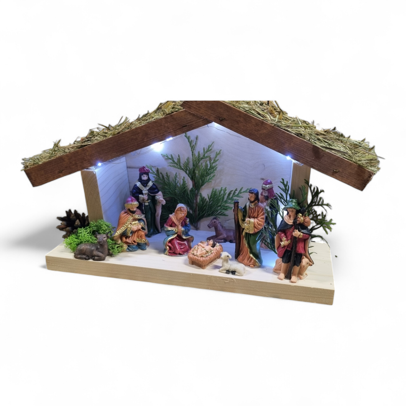 Kerststal hout met kerststal figuren - verlichting - 35x13x22 cm