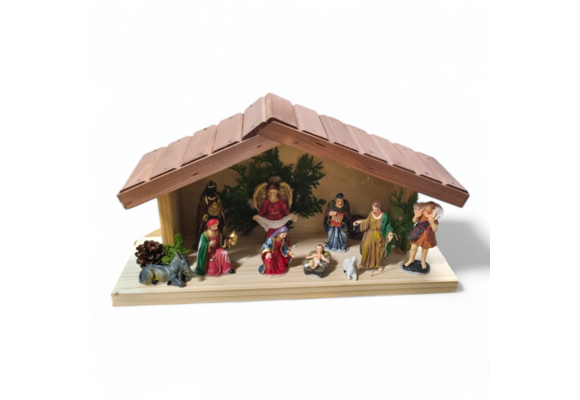 Kerststal hout met kerststal figuren - verlichting - 45x16x26 cm