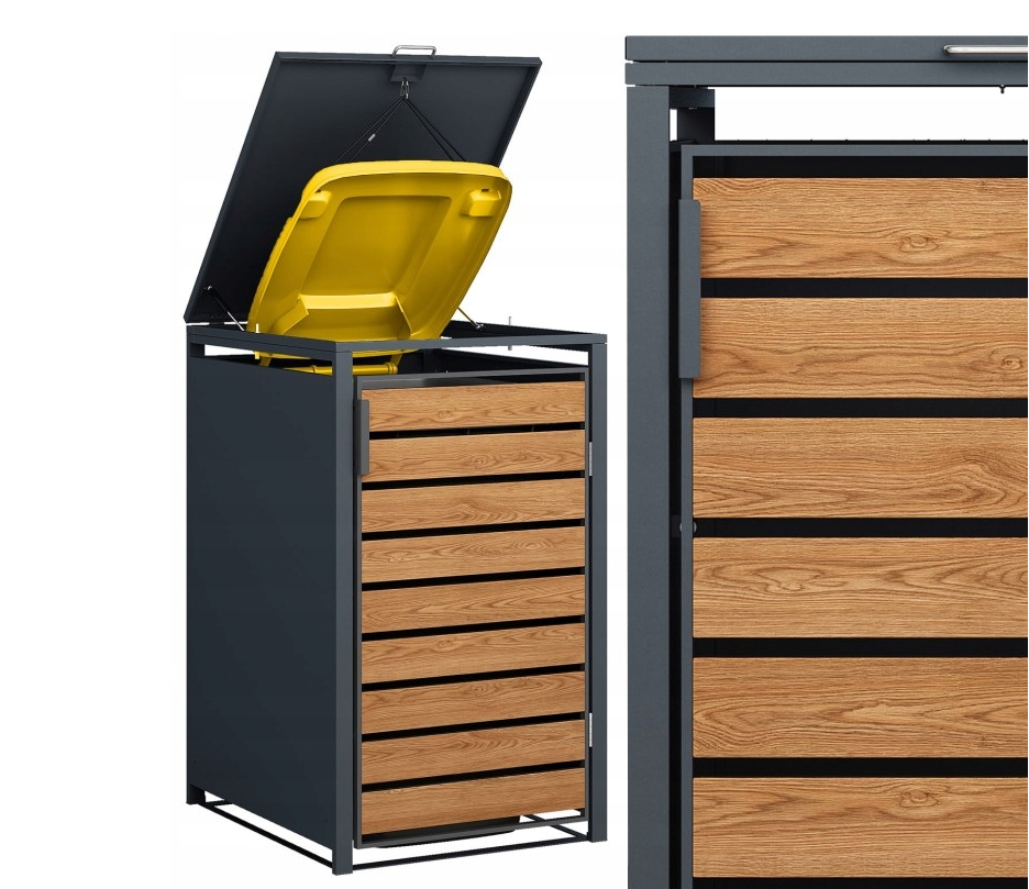 Toon details van kliko ombouw houtlook moderne tuinopslag voor 1 container stijlvol design https://cdn.webshopapp.com/shops/307649/files/469821838/containerombouw1-01.png