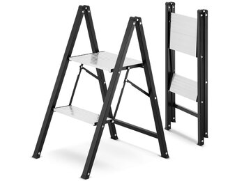Keukentrap 2 treden - opvouwbare trapladder - zwart zilver
