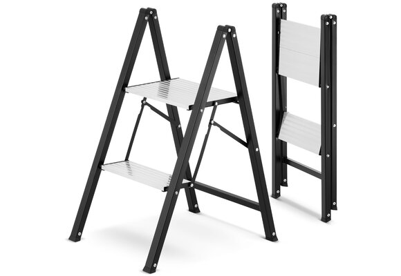 Keukentrap 2 treden - opvouwbare trapladder - zwart zilver