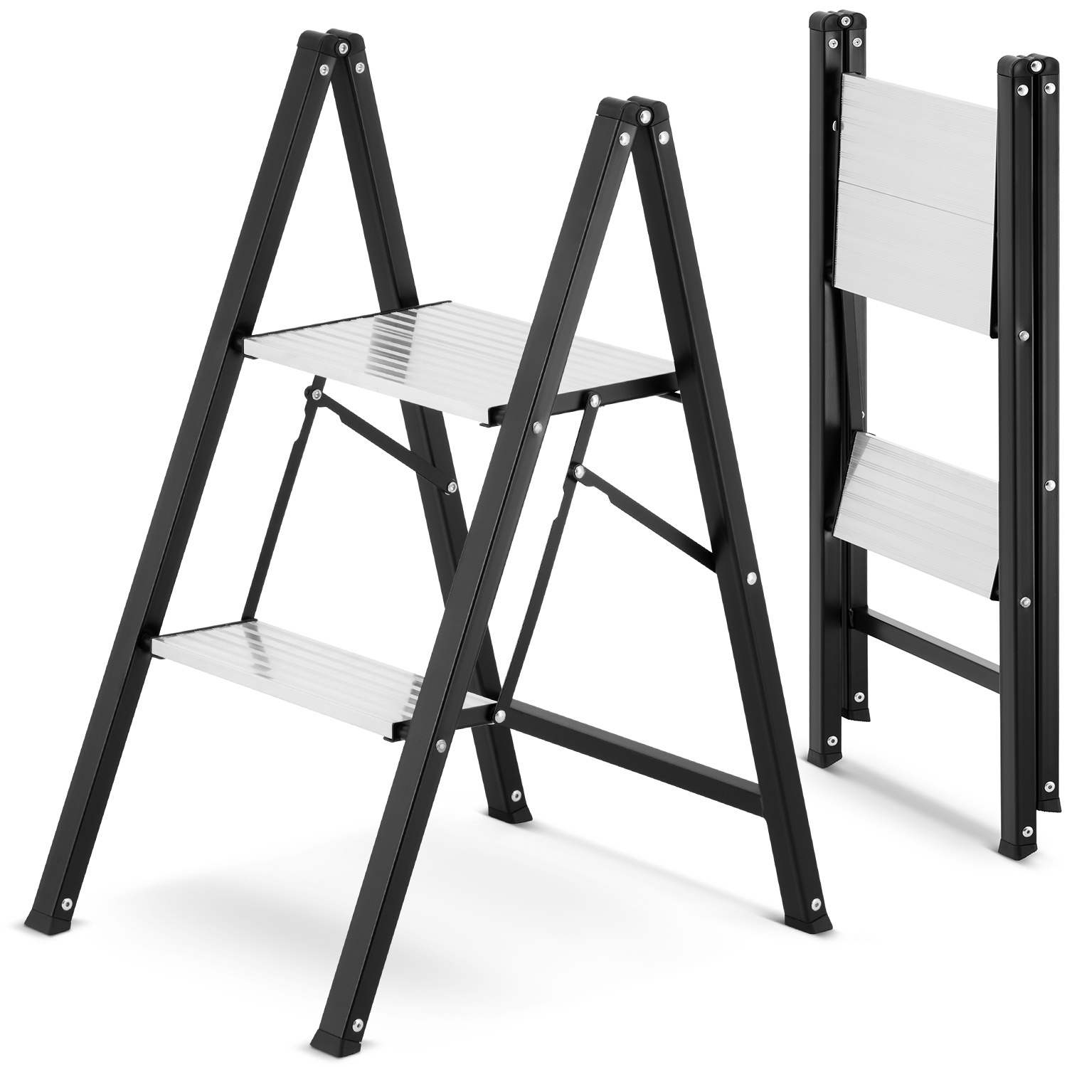 Keukentrap 2 treden - opvouwbare trapladder - zwart zilver