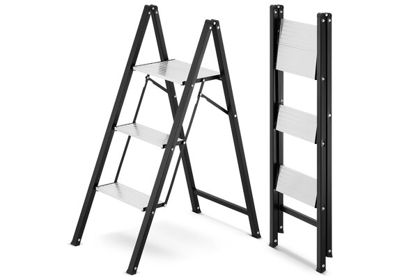 Keukentrap 3 treden - opvouwbare trapladder - zwart zilver