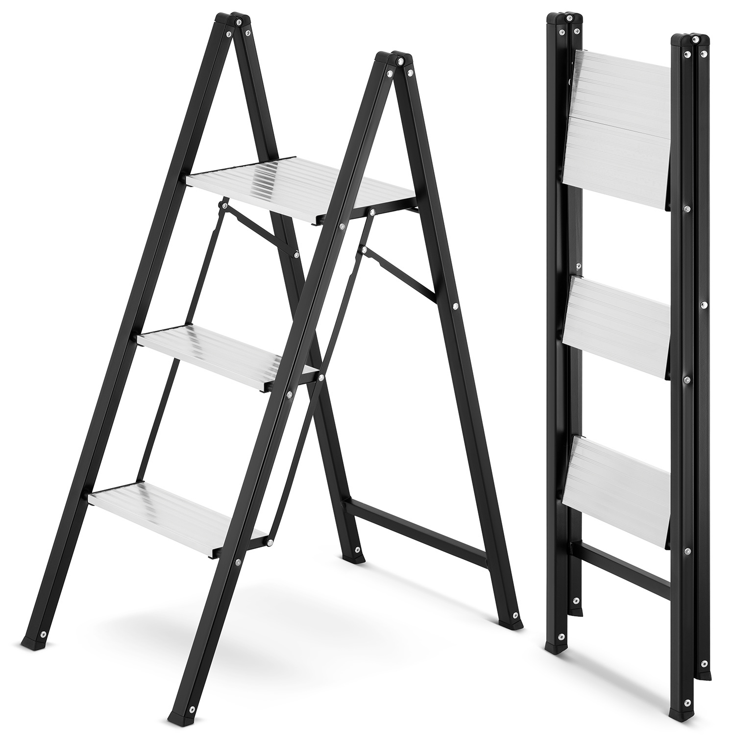 Keukentrap 3 treden - opvouwbare trapladder - zwart zilver