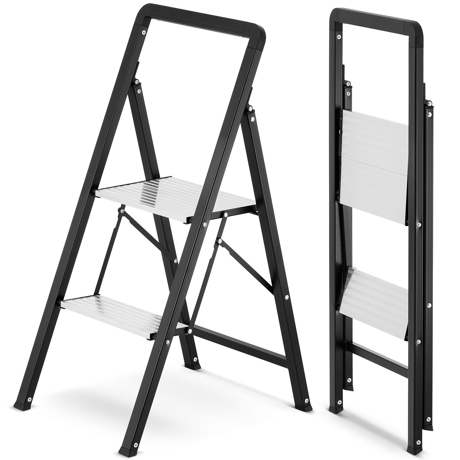 Huishoudtrap 2 treden - opvouwbare trapladder - zwart zilver