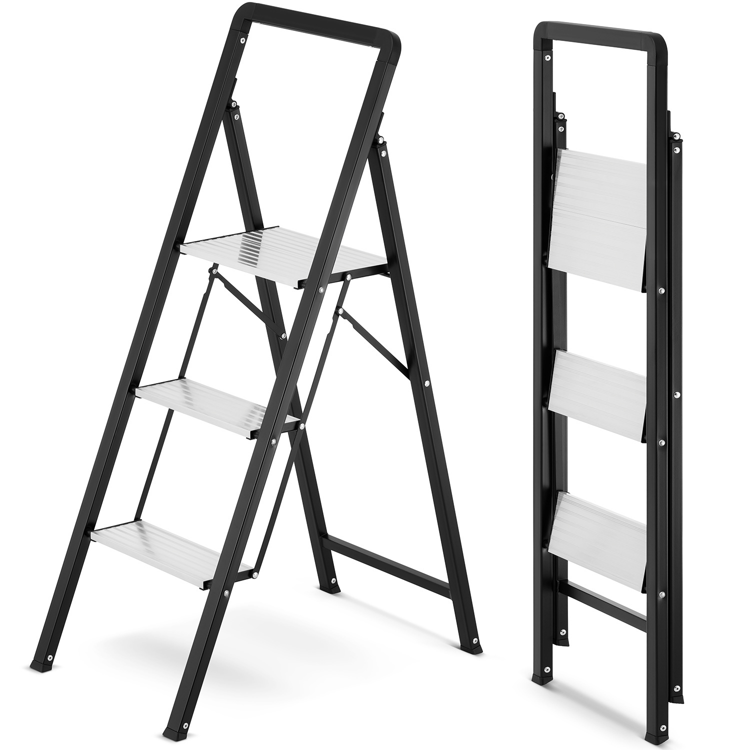Huishoudtrap 3 treden - opvouwbare trapladder - zwart zilver