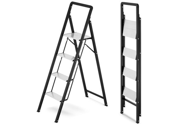 Huishoudtrap 4 treden - opvouwbare trapladder - zwart zilver