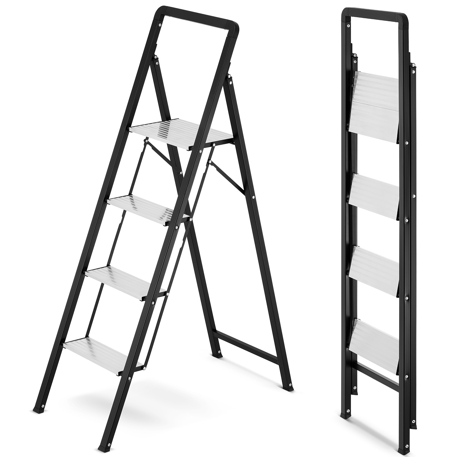 Huishoudtrap 4 treden - opvouwbare trapladder - zwart zilver