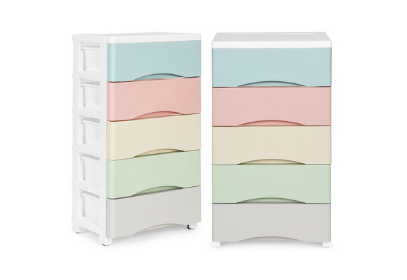 Ladekast met wielen - 5 lades - 75x27x39cm - pastel kleuren