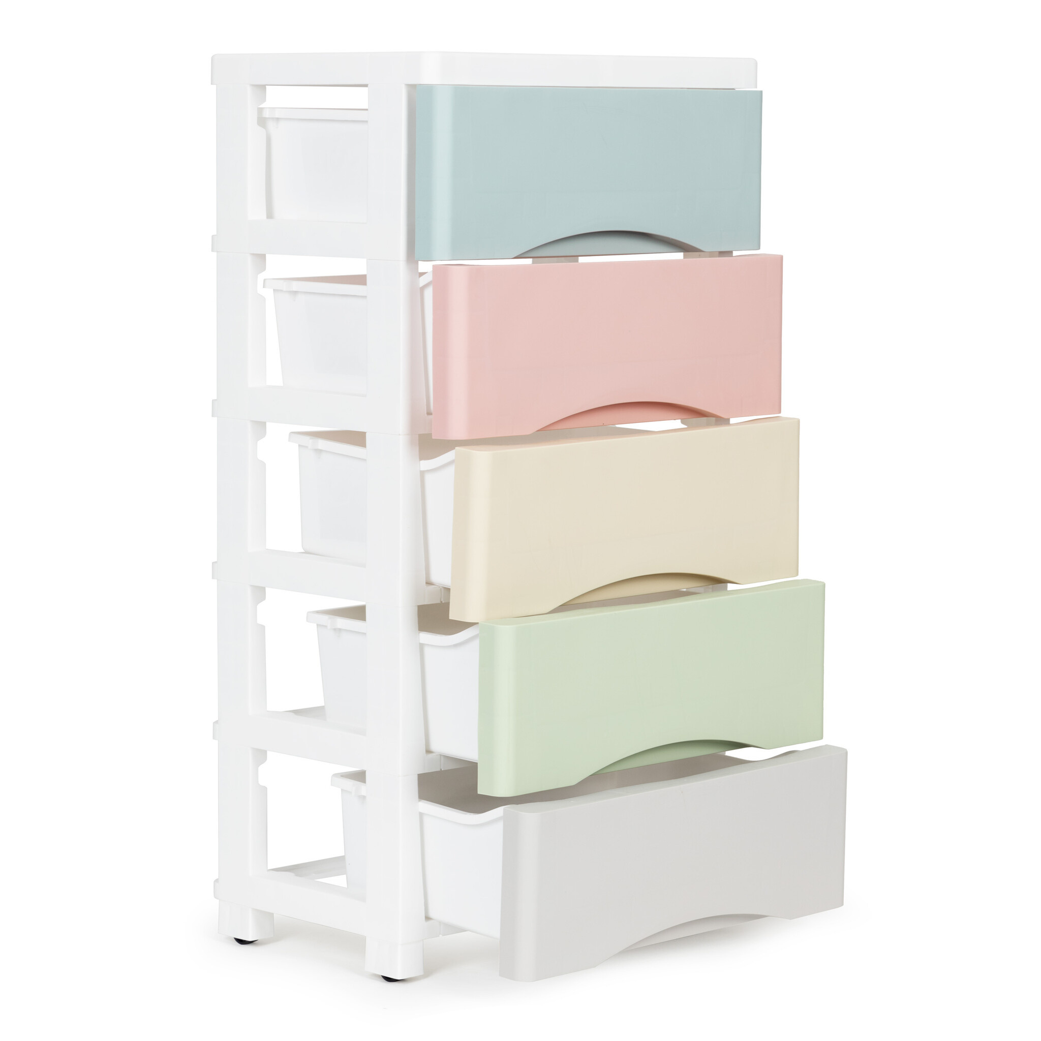 Ladekast met wielen - 5 lades - 75x27x39cm - pastel kleuren