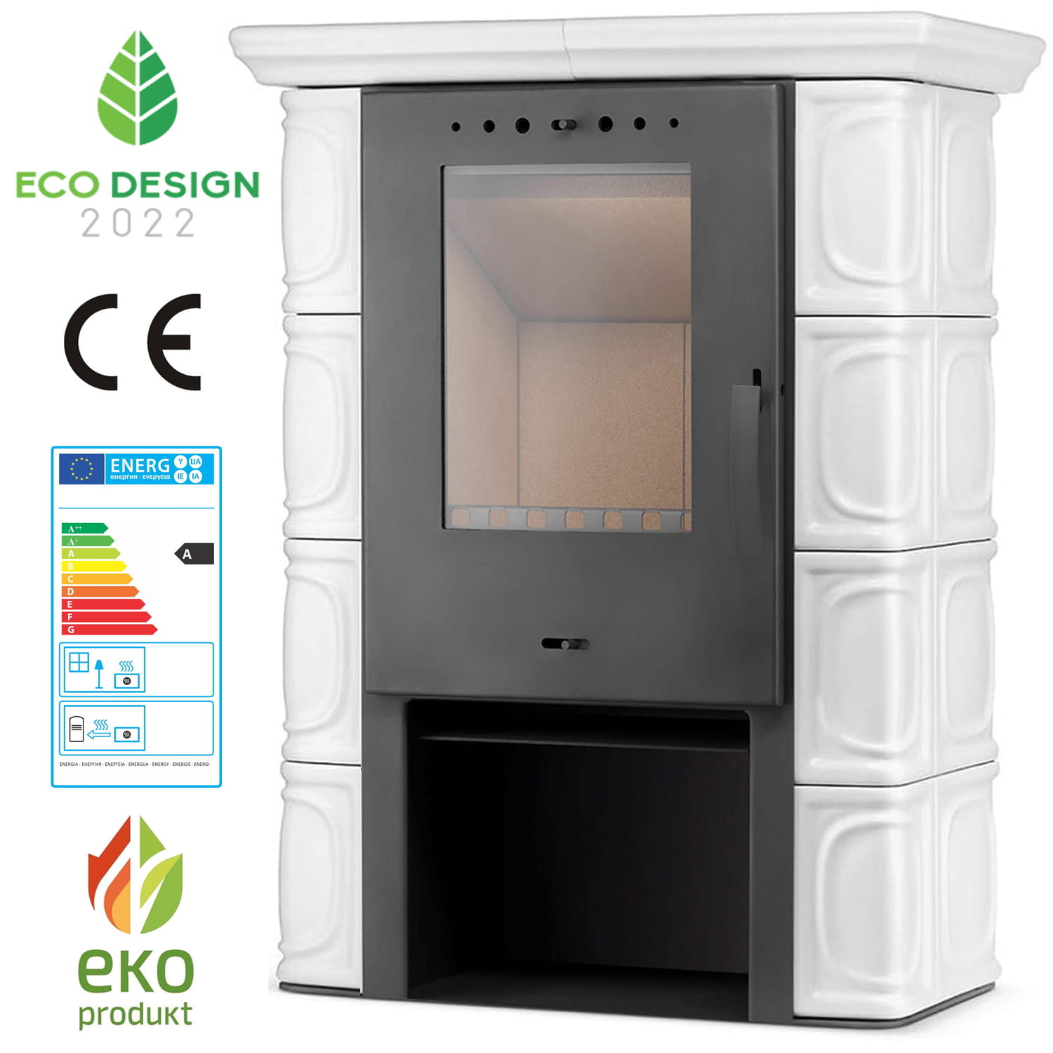 Houtkachel - staal met keramische tegels - 10kW - ivoor