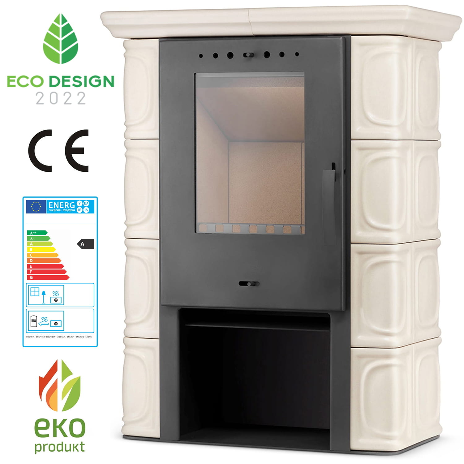 Houtkachel - staal met keramische tegels - 10kW - cappuccino
