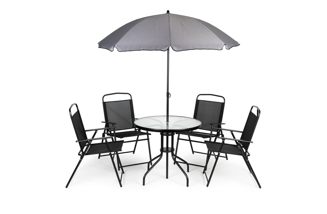 Tuinset met ronde tafel, 4 klapstoelen en parasol – zwart