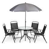 Tuinset met ronde tafel, 4 klapstoelen en parasol – zwart