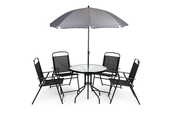 Tuinset met ronde tafel, 4 klapstoelen en parasol – zwart