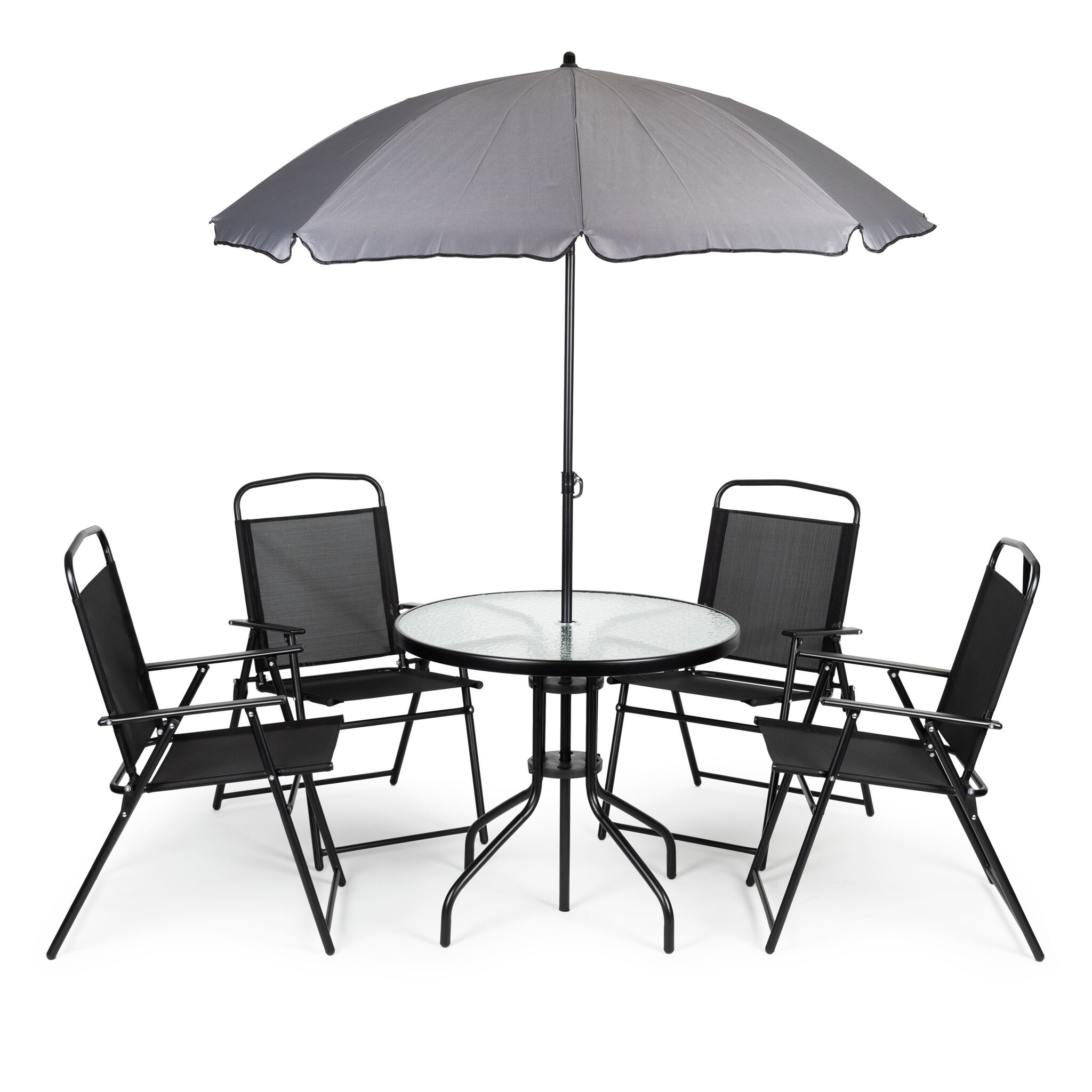 Tuinset met ronde tafel, 4 klapstoelen en parasol – zwart