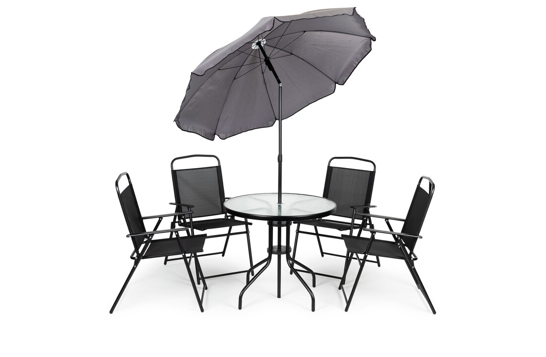 Tuinset met ronde tafel, 4 klapstoelen en parasol – zwart