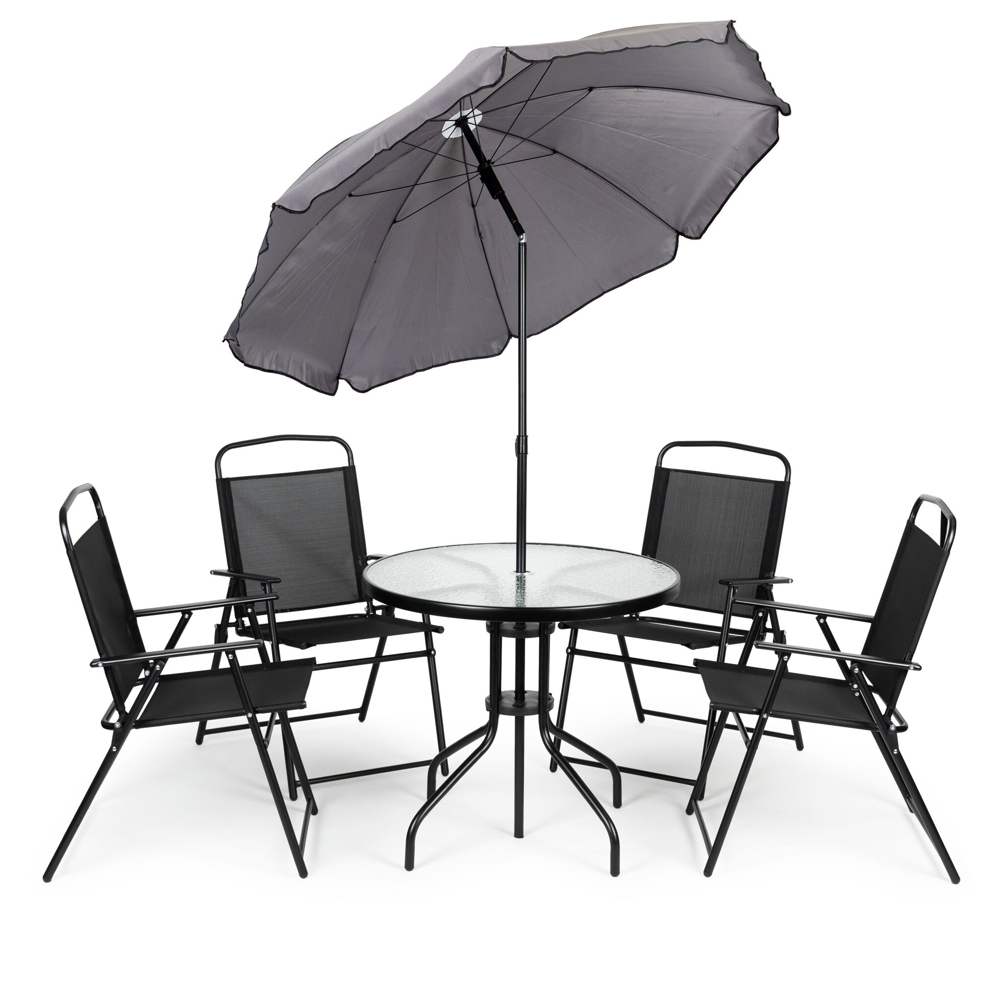 Tuinset met ronde tafel, 4 klapstoelen en parasol – zwart