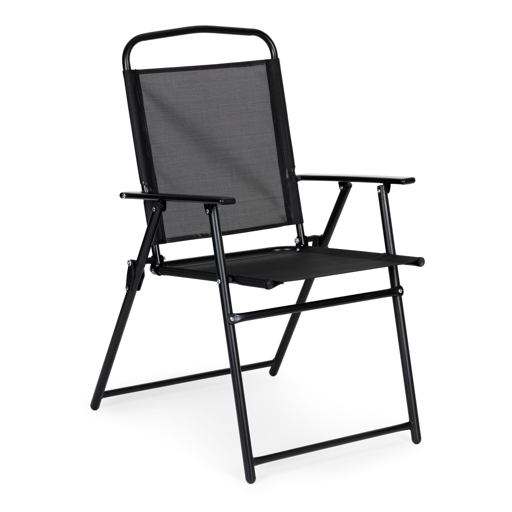 Tuinset met ronde tafel, 4 klapstoelen en parasol – zwart