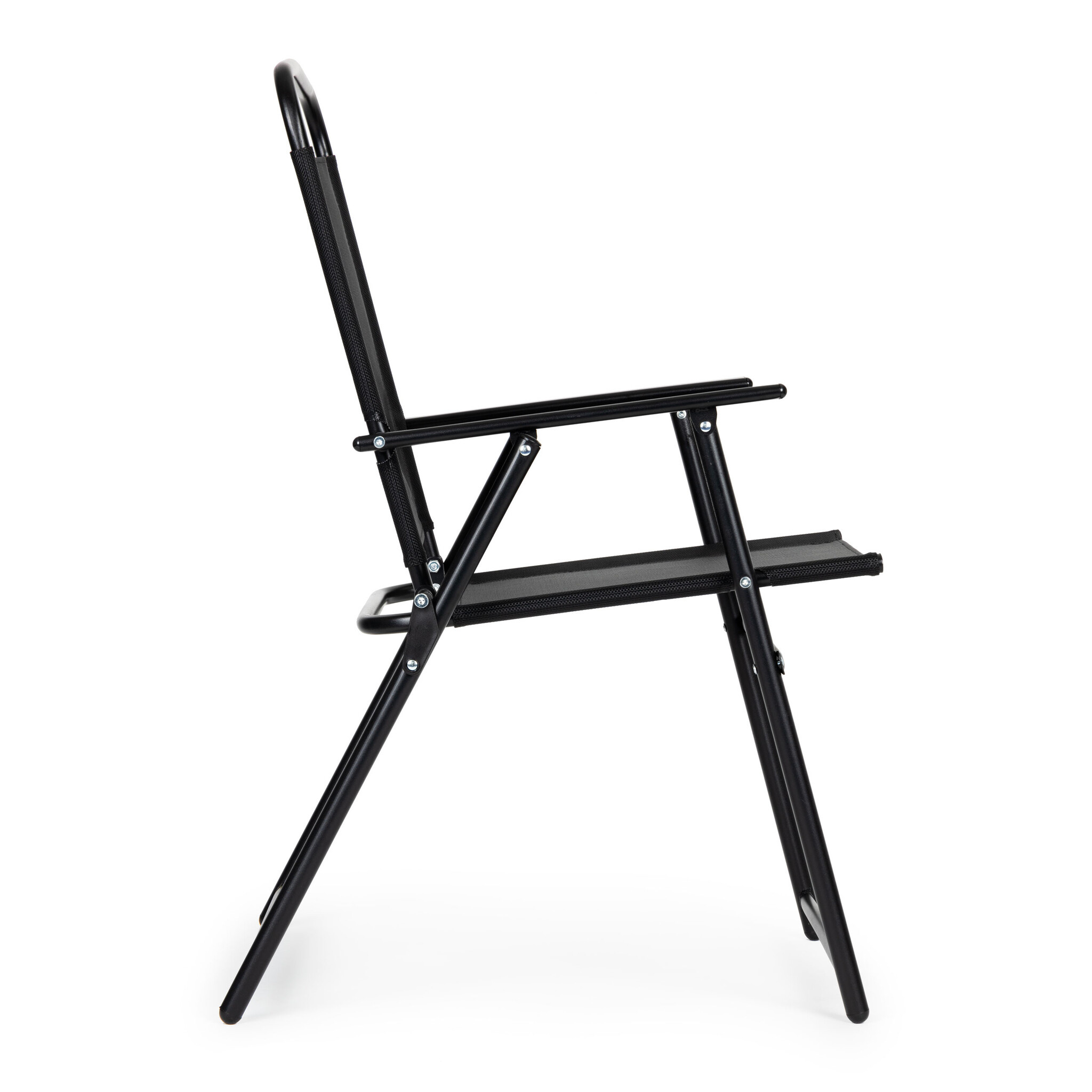 Tuinset met ronde tafel, 4 klapstoelen en parasol – zwart