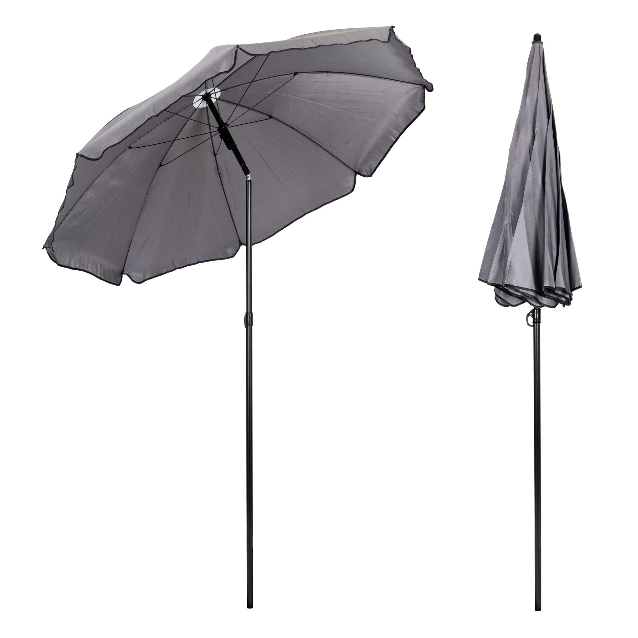 Tuinset met ronde tafel, 4 klapstoelen en parasol – zwart