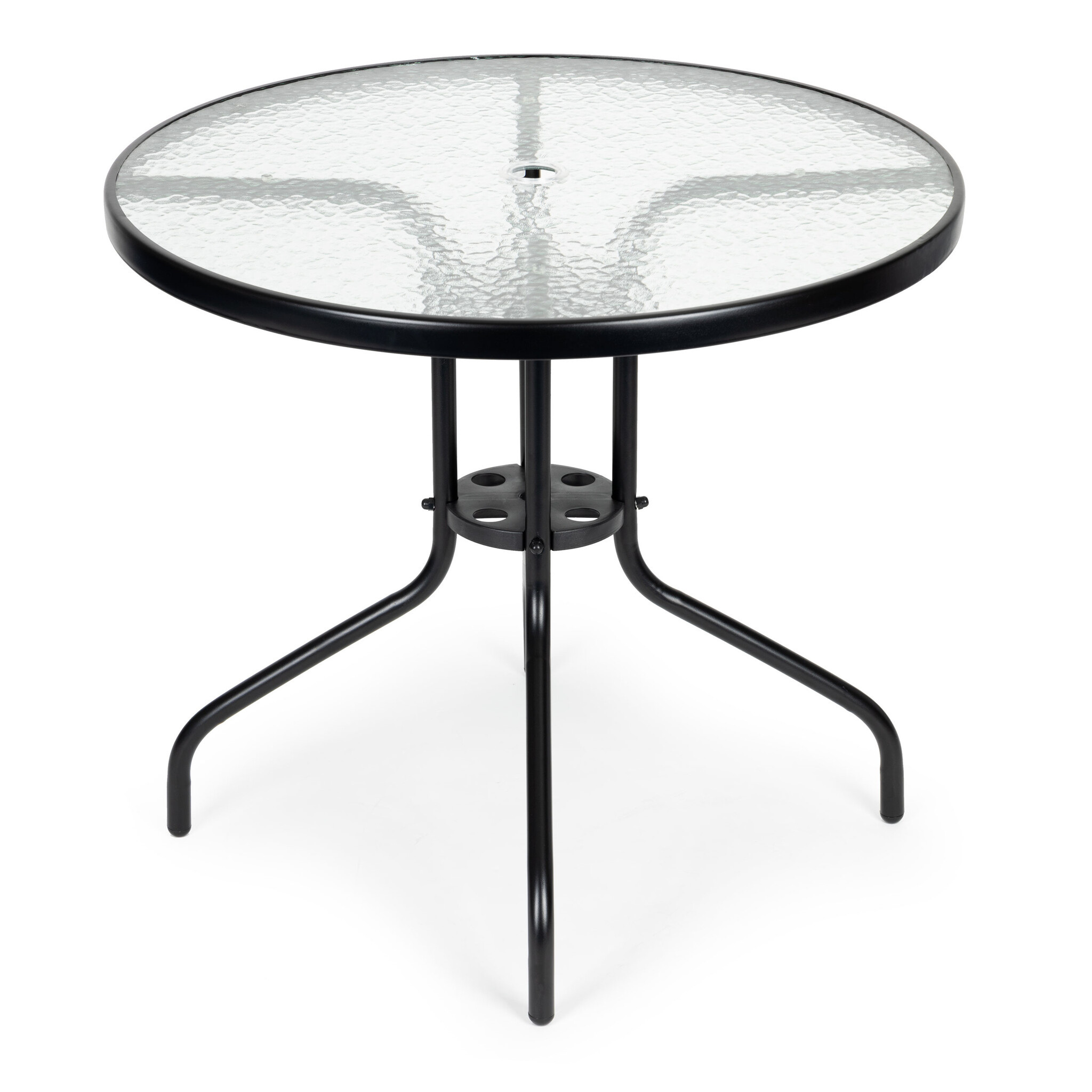 Tuinset met ronde tafel, 4 klapstoelen en parasol – zwart