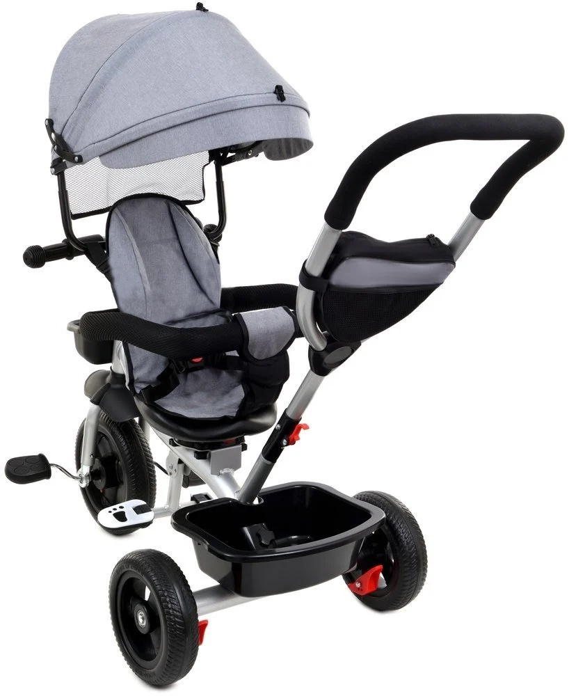Driewieler - fiets - met duwstang en zonnekap - grijs-zilver