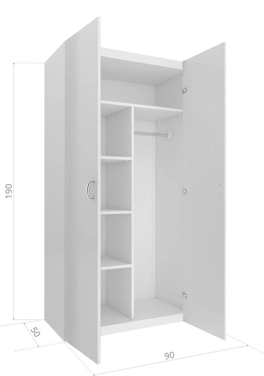 Kledingkast - 2 deuren - 90x190x50 cm - 5 schappen - wit