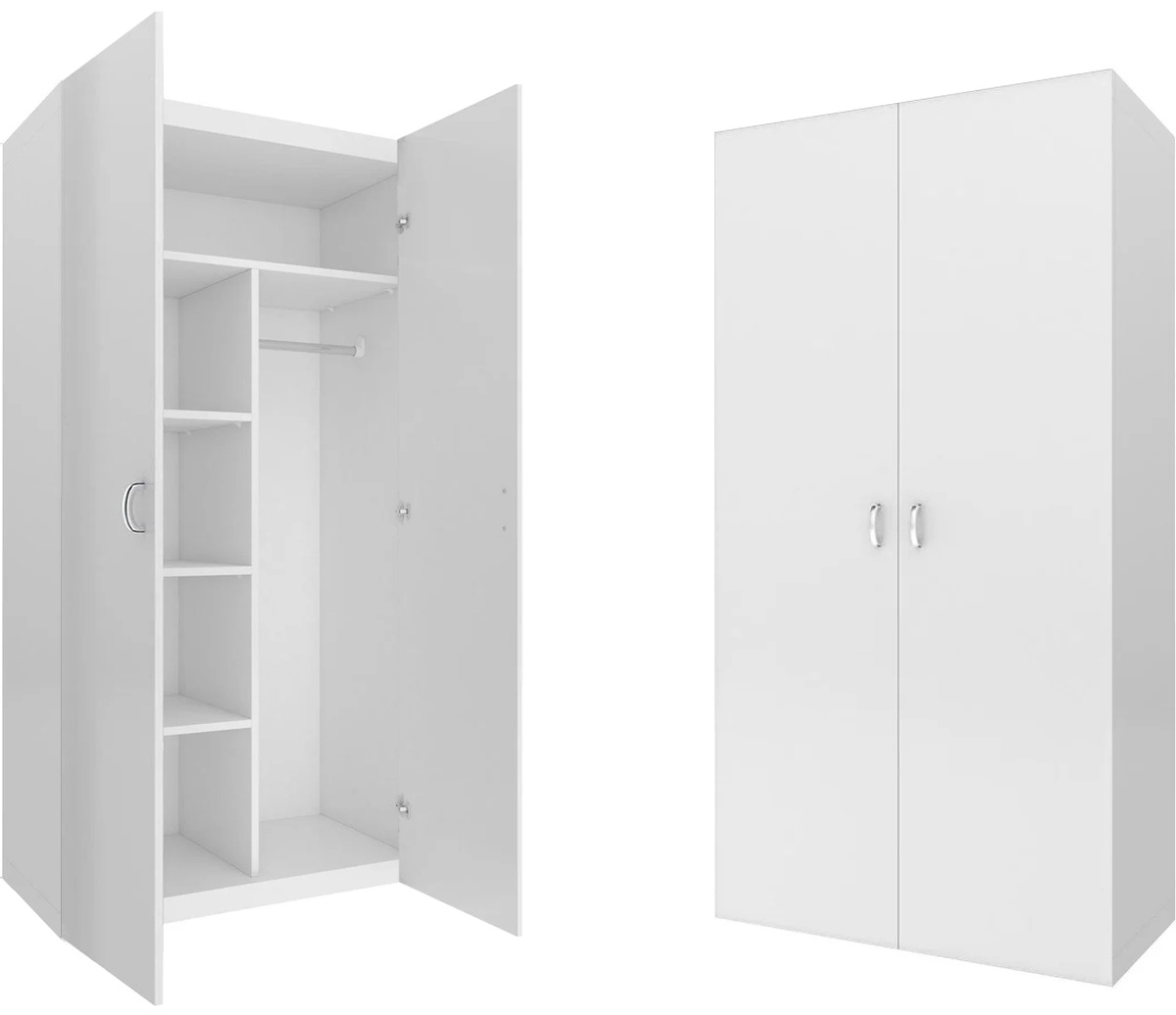 Kledingkast - 2 deuren - 90x190x50 cm - 5 schappen - wit