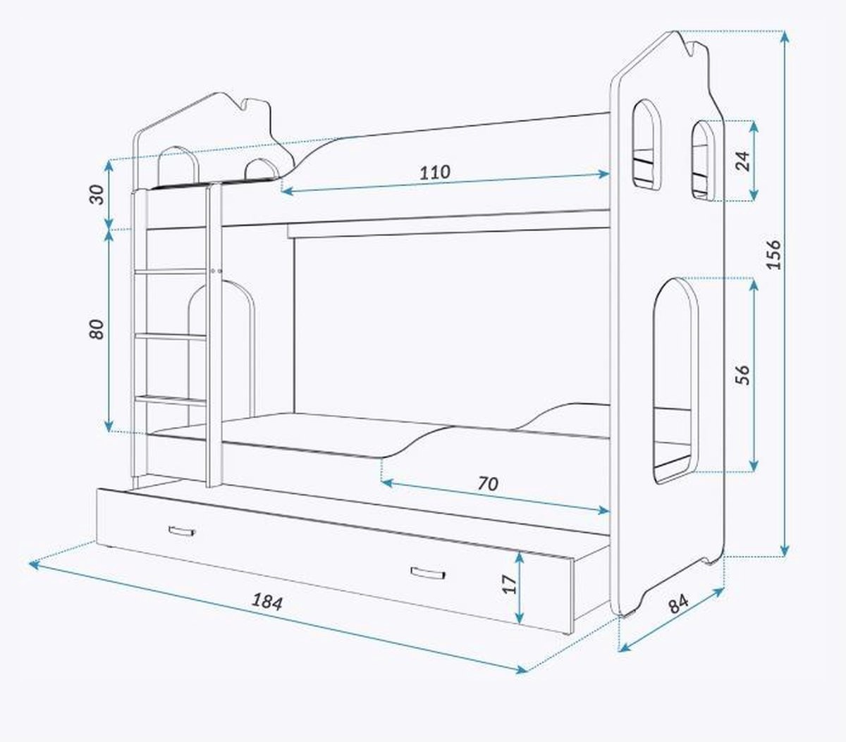 Stapelbed voor kinderen - 180x80 cm - met lade - wit roze