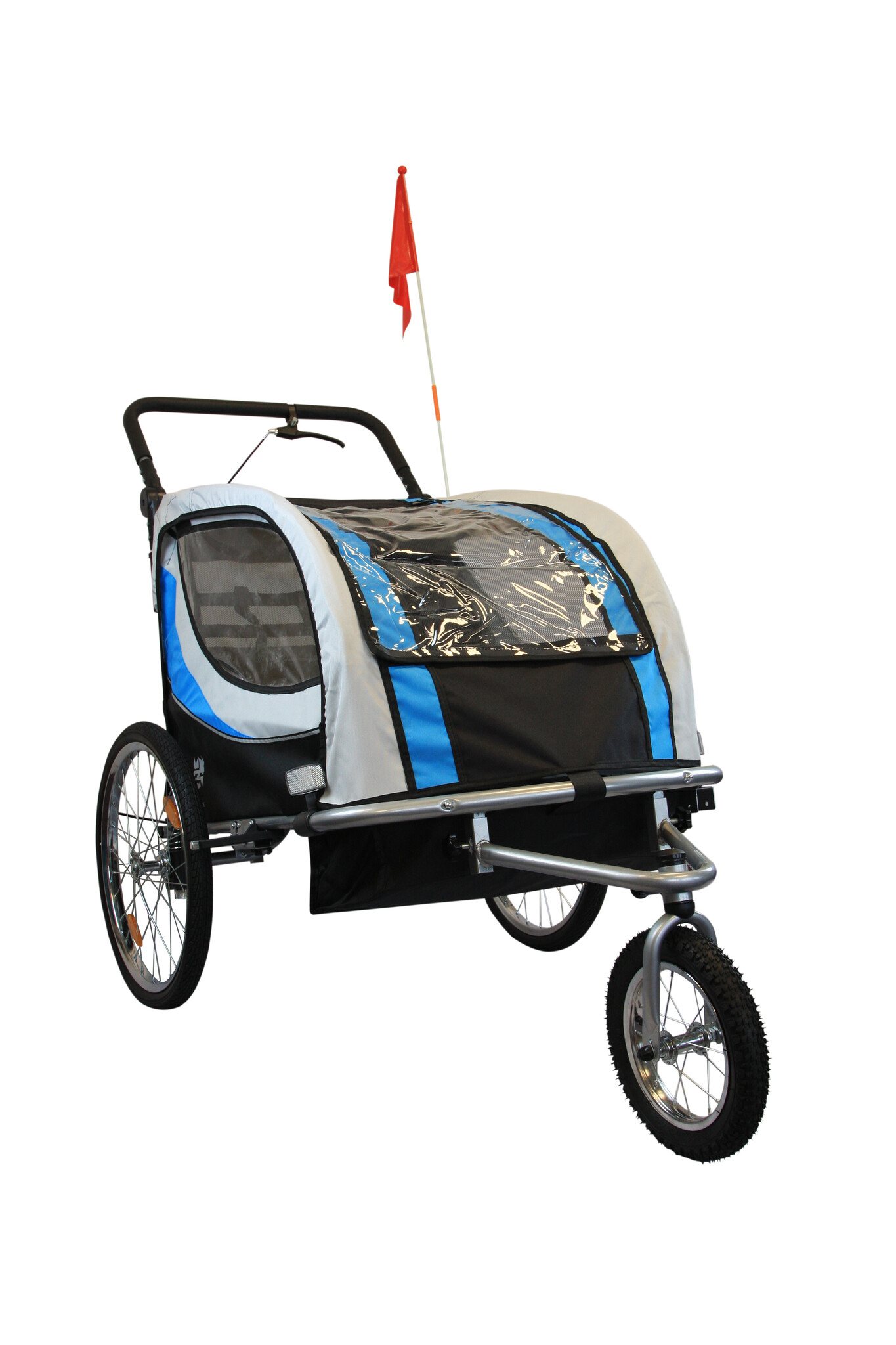 Fietskar kind - buggy - 2-zits - met schokbreker - blauw