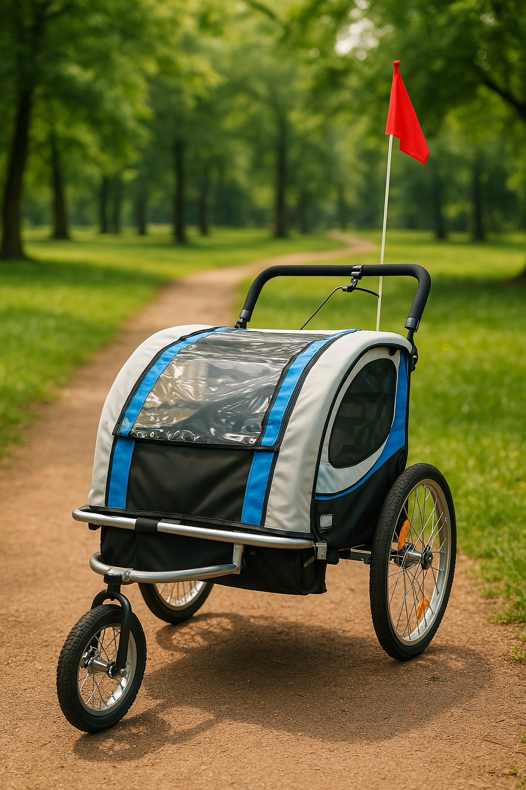 Fietskar kind - buggy - 2-zits - met schokbreker - blauw
