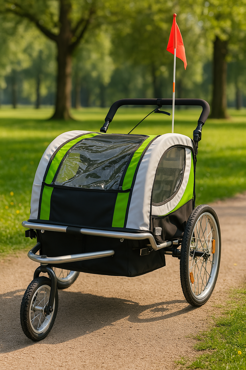 Fietskar kind - buggy - 2-zits - met schokbreker - lime groen
