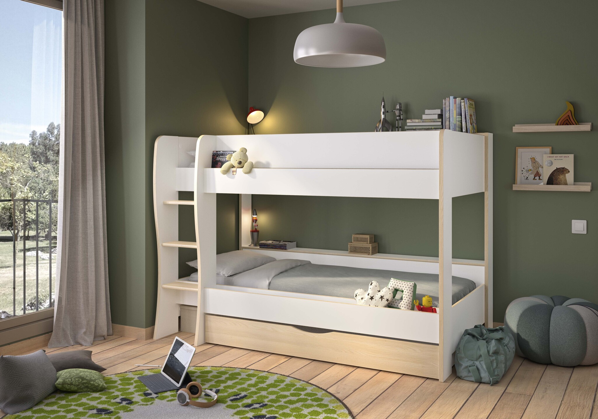 ROOMY - Stapelbed met opbergruimte - 90x200cm - wit eiken