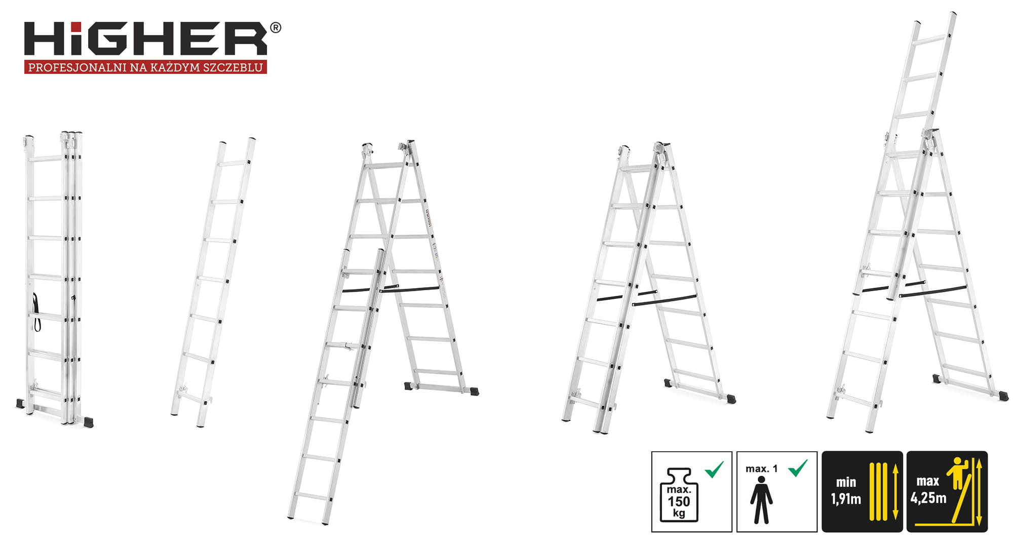 Vouwladder - 3x7 treden - werkhoogte 4,24 m - aluminium