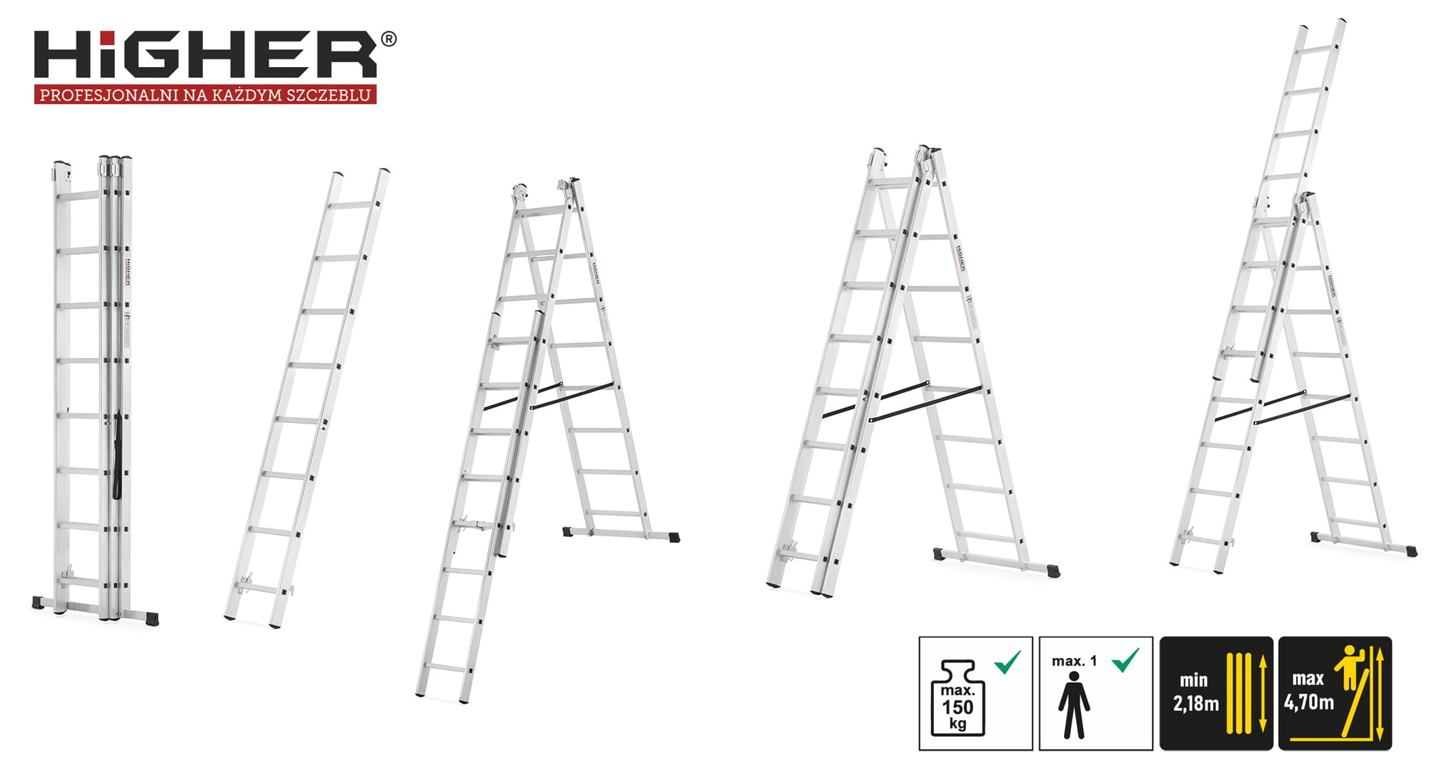 Vouwladder - 3x8 treden - werkhoogte 4,70 m - aluminium