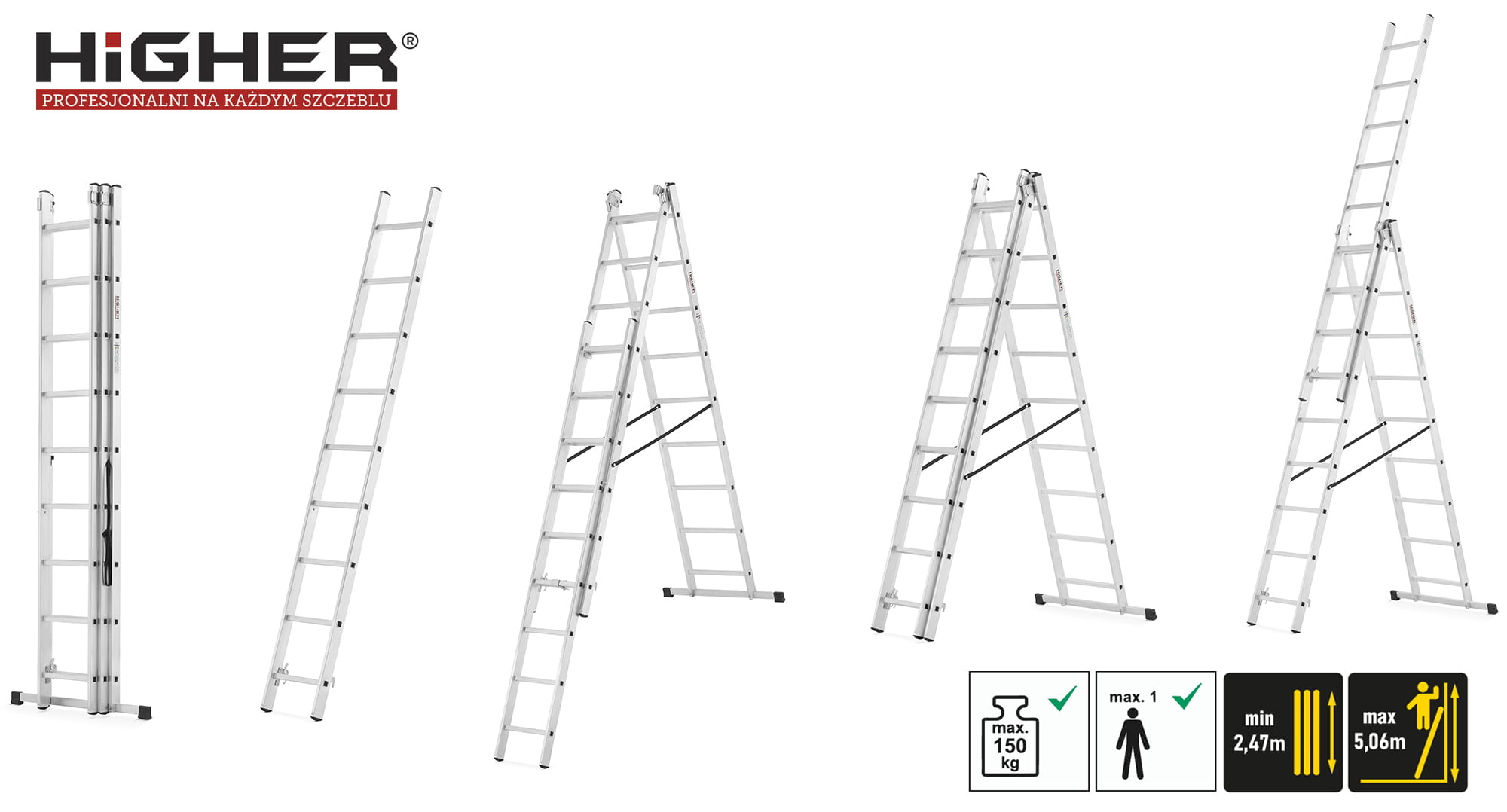 Vouwladder - 3x9 treden - werkhoogte 5,06 m - aluminium