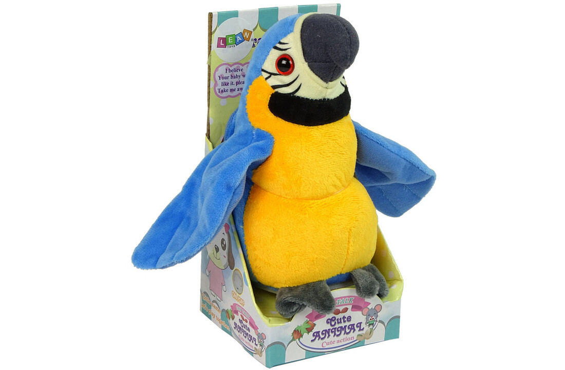 Pratende papegaai - interactieve knuffel - geel blauw - 20 cm