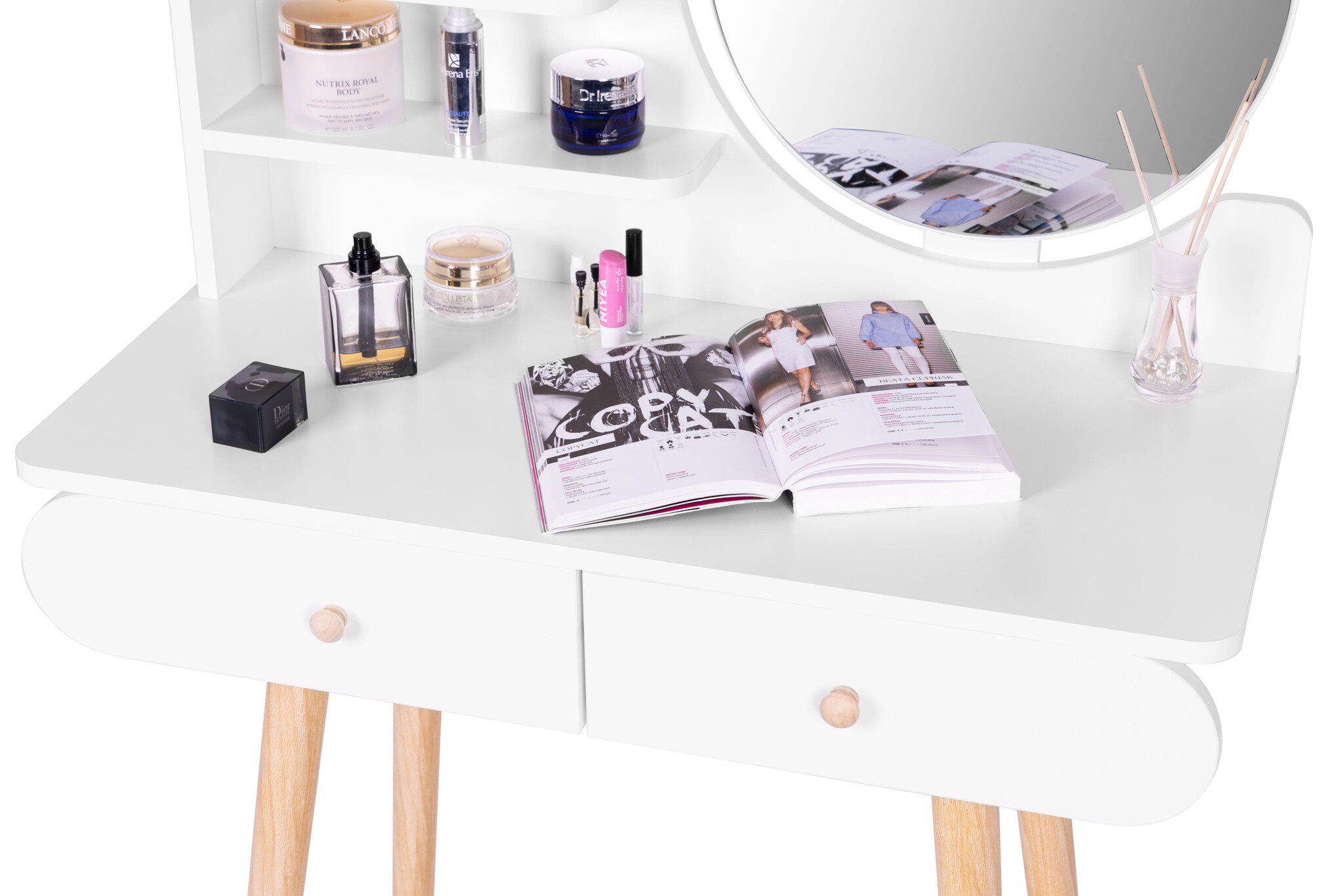 Kaptafel - ronde spiegel – 2 lades – 80x40x122 cm - hout wit