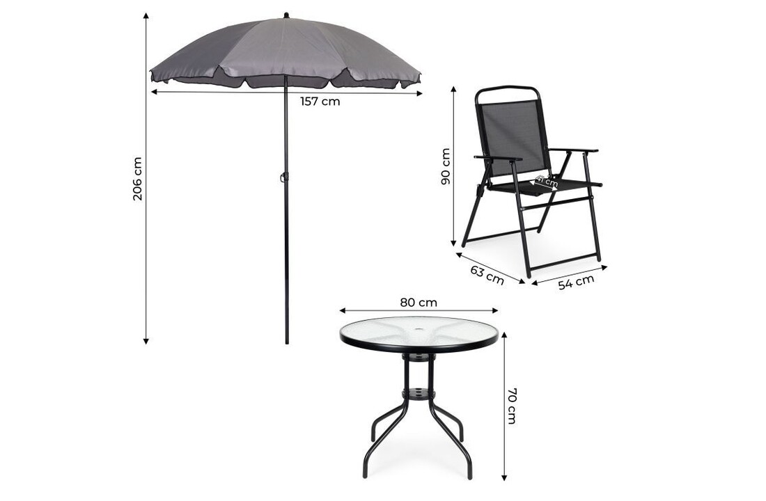 Tuinset met ronde tafel, 4 klapstoelen en parasol – zwart