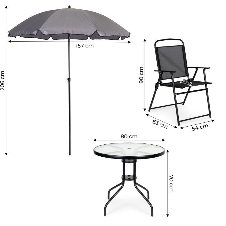 Tuinset met ronde tafel, 4 klapstoelen en parasol – zwart
